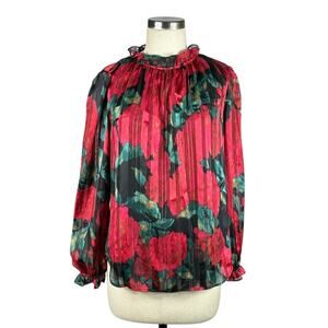 ANNE KLEIN Red Black Green Floral Ruffle Long Sleeve Blouse Women's Size M NWT
